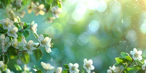 A branch of a tree with white flowers against a blurry background of green leaves and bright white light copy space text