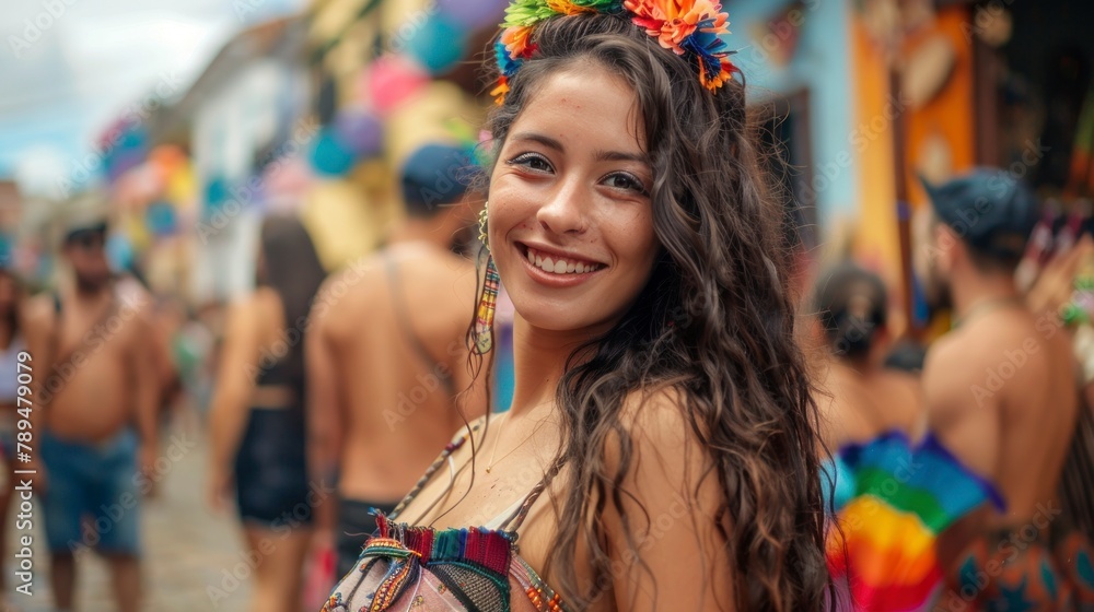 beautiful woman at a festival in Latin America in the streets with her face painted in high resolution and high quality