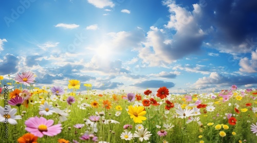 Garden wild field of beautiful blooming spring or summer flowers in a meadow  with sunlight and blue sky
