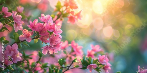 A branch of a tree with pink flowers is in focus in front of a blurred background of green leaves and branches copy space text