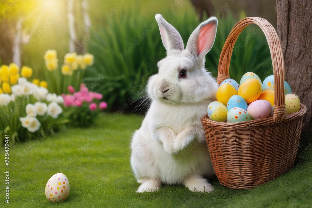 Little rabbit in a green spring lawn with decorated eggs - Easter card