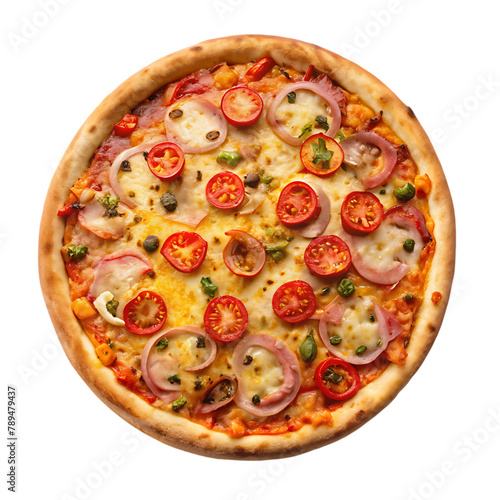 Delicious fresh oven pizza loaded with tomatoes salami and crispy baconfull photo