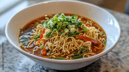 Savory Asian Noodle Soup in a Ceramic Bowl with Fresh Vegetables and Aromatic Broth