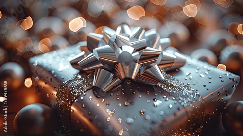 A close-up of a birthday present wrapped in shiny silver paper with a big bow on top, 4k, ultra hd photo