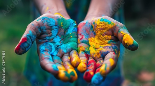A person with their hands painted in bright colors, AI