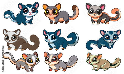 Set of funny sugar glider flat color cartoon vector sticker clipart illustration collection pack isolated on white background.