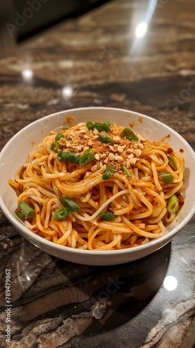 Appetizing Pok Noodles with Zesty Thai Chili Sauce Served on a Textured Tabletop