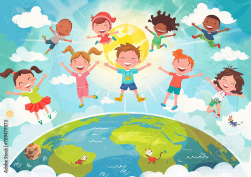 cartoon children of different races jumping on the earth, flat design illustration with a colorful background featuring a sun and clouds