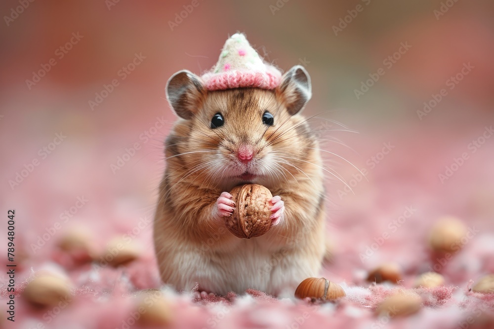 A hamster wearing a tiny birthday hat and holding a nut, solid color background, 4k, ultra hd A hamster wearing a tiny birthday hat and holding a nut, solid color background, 4k, ultra hd