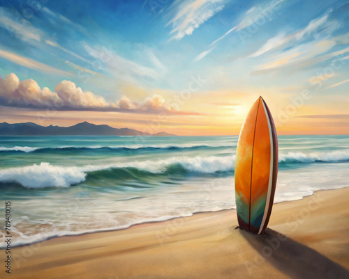 A lsurfboard stands upright on a sandy beach with waves lapping at the shore as the sun sets on the horizon