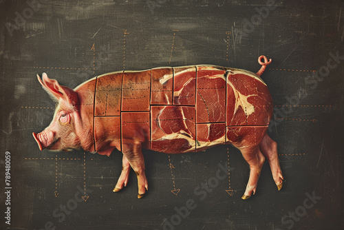 An educational yet whimsically incorrect illustration showing a pig divided into sections labeled as beef cuts, presented with the factual rigor of documentary work and the visual appeal.