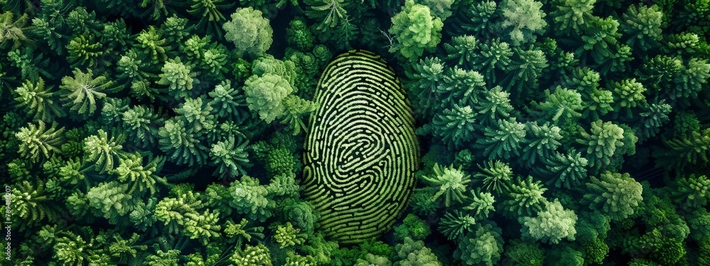 In the middle of an enormous forest of green trees, there lies a sizable human fingerprint. - obrazy, fototapety, plakaty 
