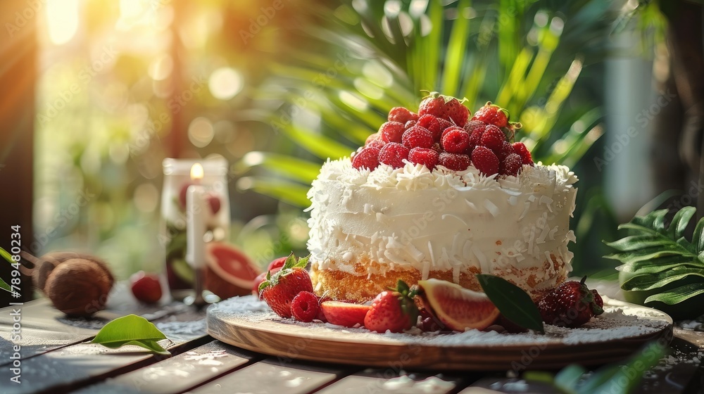 A tropical-themed birthday cake adorned with coconut flakes and tropical fruits, 4k, ultra hd