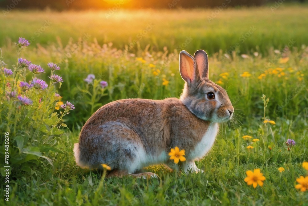 Rabbit on the lawn with flowers at sunset.