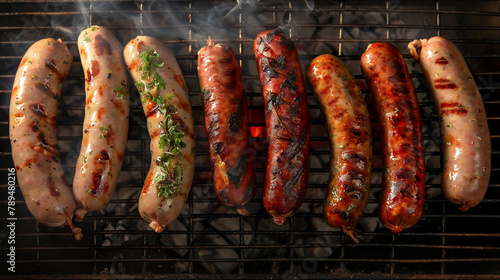a variety of sausages cooking on a grill, each sausage rendered in exquisite detail to highlight the artisanal quality and appeal. photo