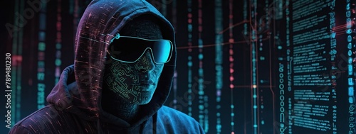 Fraud or scam background, Abstract hacker behind the monitor hologram with programmer code, Cybercriminal icons on a background, Cyber attack, computer hack, cybersecurity concept. Vector illustration photo