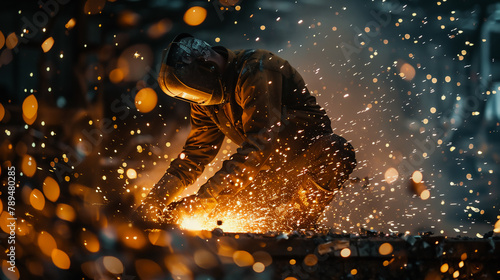 A man is working with sparks and fire, wearing a helmet and a jacket. The scene is intense and dangerous metal grinding, with the sparks flying everywhere. The man is focused on his work photo