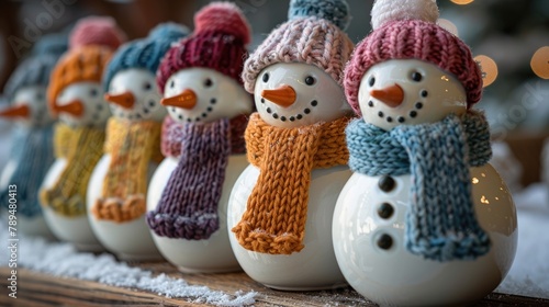 Adorable snowman figurines with colorful scarves on a snowy white background © Gefo