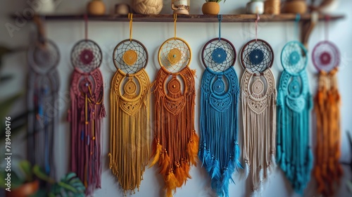 Bohemian dreamcatchers and macrame wall hangings for a boho chic party on white background, 4k, ultra hd photo