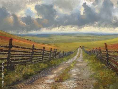 A painting of a road with a fence on the side. The road is empty and the sky is cloudy