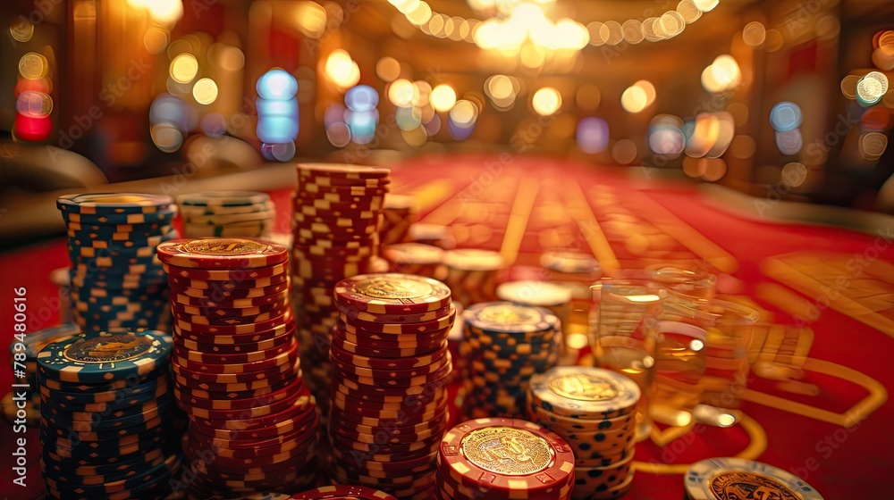 Casino nights, poker chips, velvety reds, card patterns, overhead light
