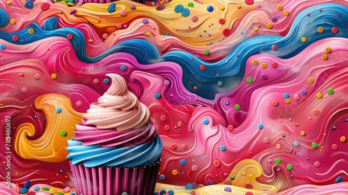 Cheerful cupcake illustration with sprinkles and frosting swirls in vibrant colors  evoking joy and celebration  pattern