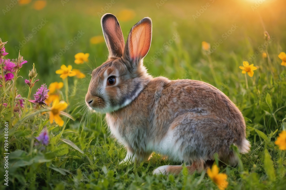 Rabbit on the lawn with flowers at sunset.