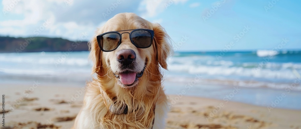 Summertime sunglasses on a golden retriever at the beach