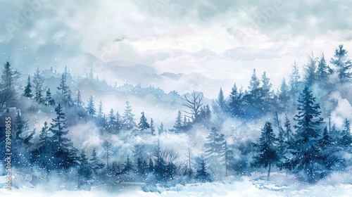 A serene painting of a snowy mountain scene. Suitable for winter-themed designs