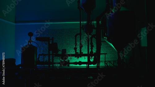 Equipment in a dark drug laboratory, used for the experimental production of hazardous chemicals 