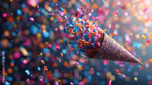 Hand-drawn party horn with layers of confetti falling, 4k, ultra hd photo