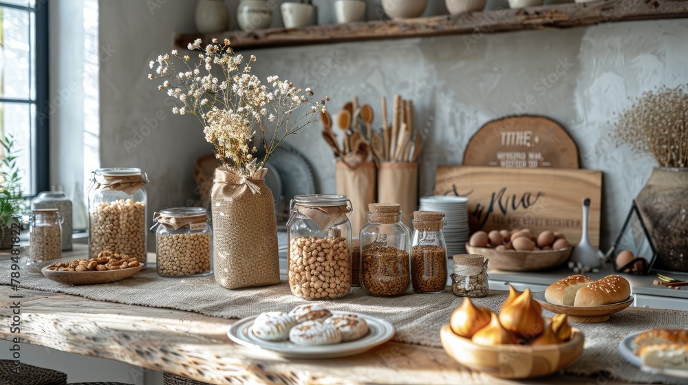 Fototapeta premium Rustic farmhouse party decor with burlap table runners, mason jar centerpieces, and vintage signs for a cozy and charming atmosphere on white background, 4k, ultra hd