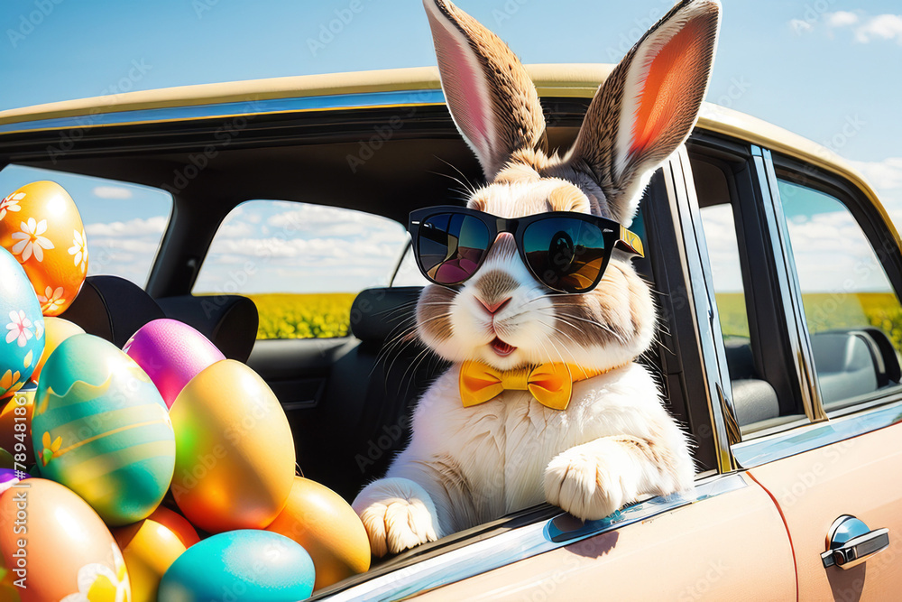 Cool bunny on a car with decorated eggs - Easter card