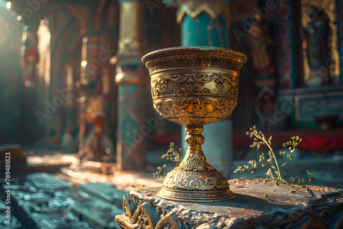 A holy grail chalice in a temple, a magical and sacred item with historical significance. Suitable for religious and fantasy-themed designs. © ELmidoi-AI