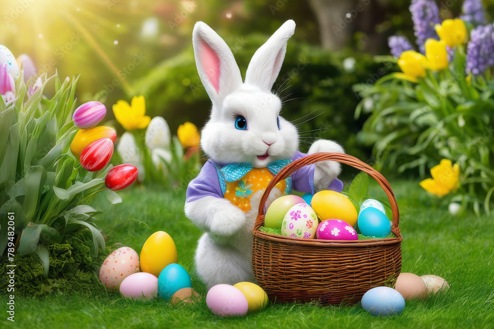 Little rabbit in a green spring lawn with decorated eggs - Easter card