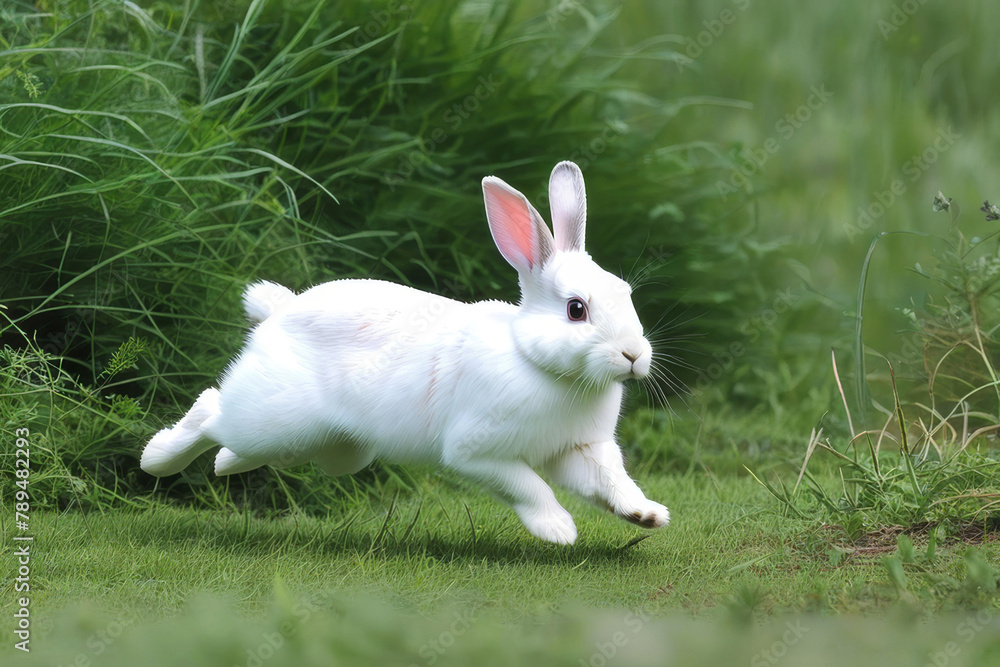 A white hare runs across a field with green grass