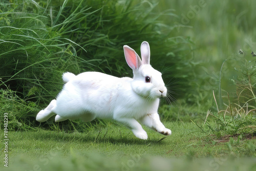 Obraz na płótnie A white hare runs across a field with green grass w salonie