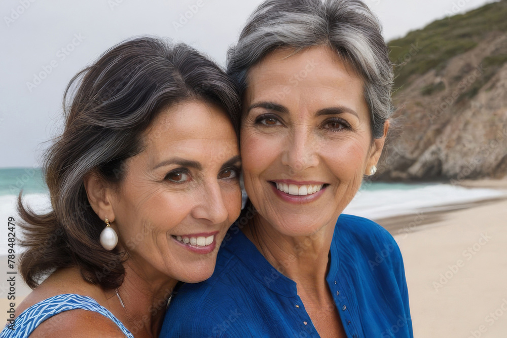 Two happy smiling middle-aged women friends relaxing on the seashore.