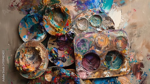 Colorful Artist Palettes Amidst Dried Paint Swirls & Splatters AI Generated.