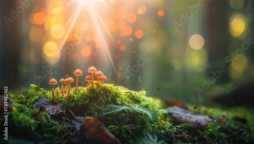 Background of mossy forest with little mushrooms growing on moss under the early morning sun.