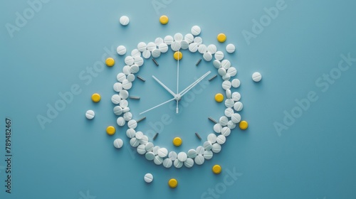 Clock made of pills on blue background, suitable for healthcare concept designs