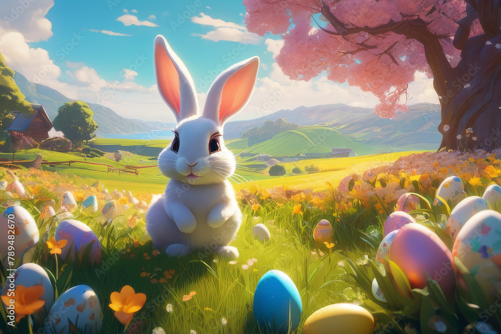 Little rabbit in a green spring lawn with decorated eggs - Easter card