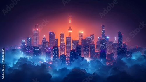 Conceptual illustration of futuristic smart city on blue background, featuring skyscrapers at night in the clouds. photo