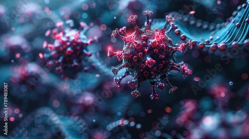 Flu strain evolution modern illustration in futuristic polygonal style of mutating virus on dark background with DNA structure. photo