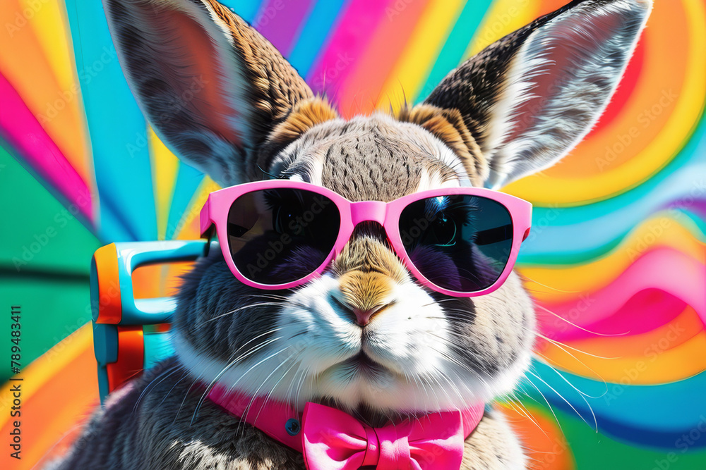Close-up of a fashionable gray rabbit wearing glasses on a neon color background.