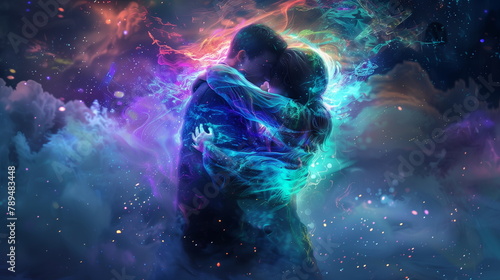 Man hugging a woman made of transparent  glowing body. Long distance relationships; online psychological help; artificial intelligence support;  concept photo