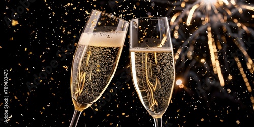 Two champagne glasses clinking with golden bubbles on a black and glittery bokeh background
