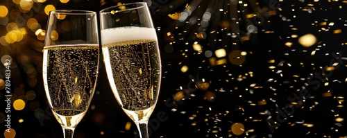 Two champagne glasses clinking with golden bubbles on a black and glittery bokeh background photo