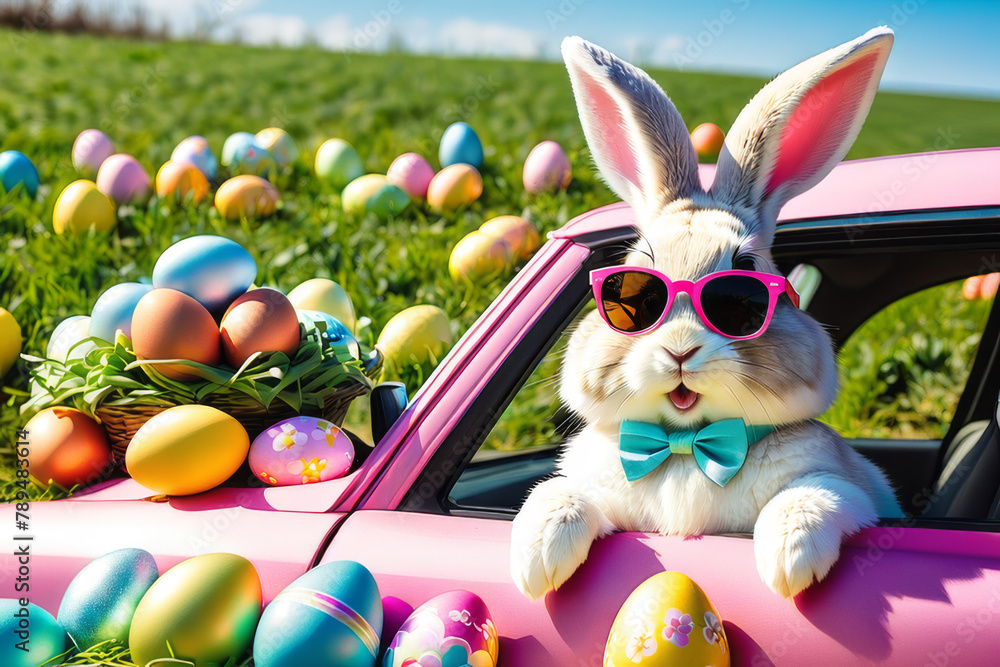 Cool bunny on a car with decorated eggs - Easter card