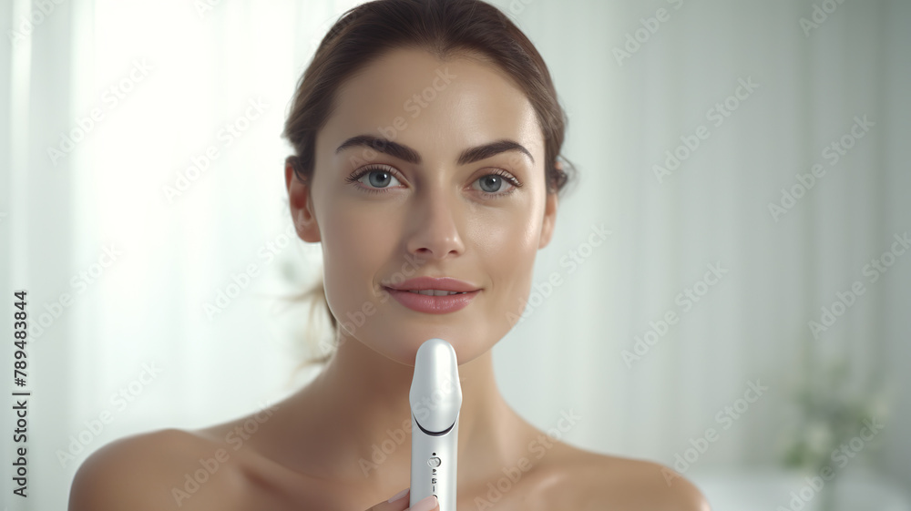 Beautiful woman in portraiture with a jade roller isolated against a stark white background